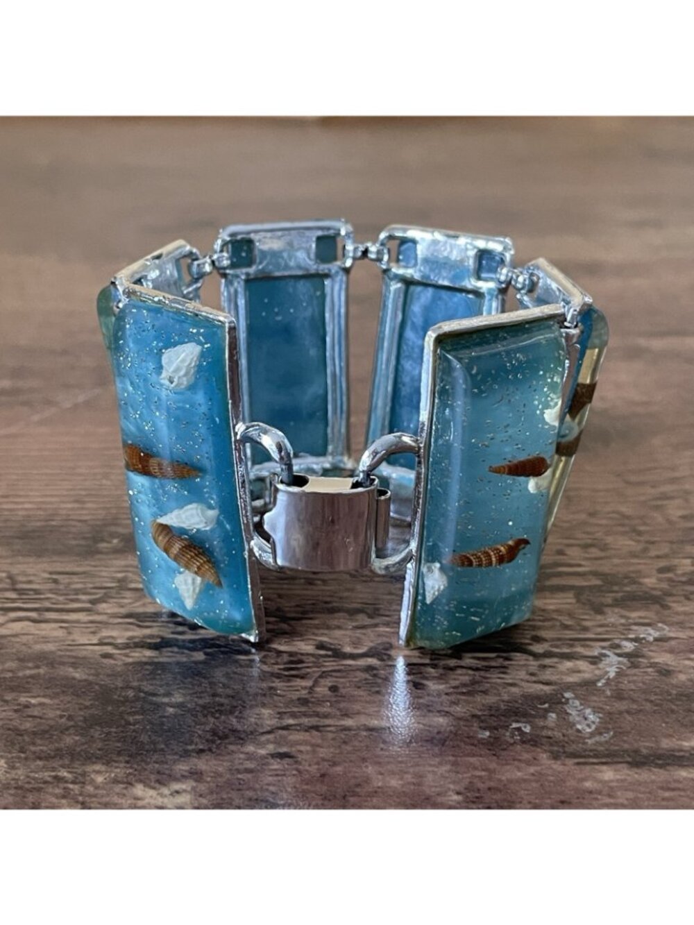 Vintage 1950s Panel Bracelet Blue Confetti Lucite Seashells Silver Tone Wide - Picture 11 of 16